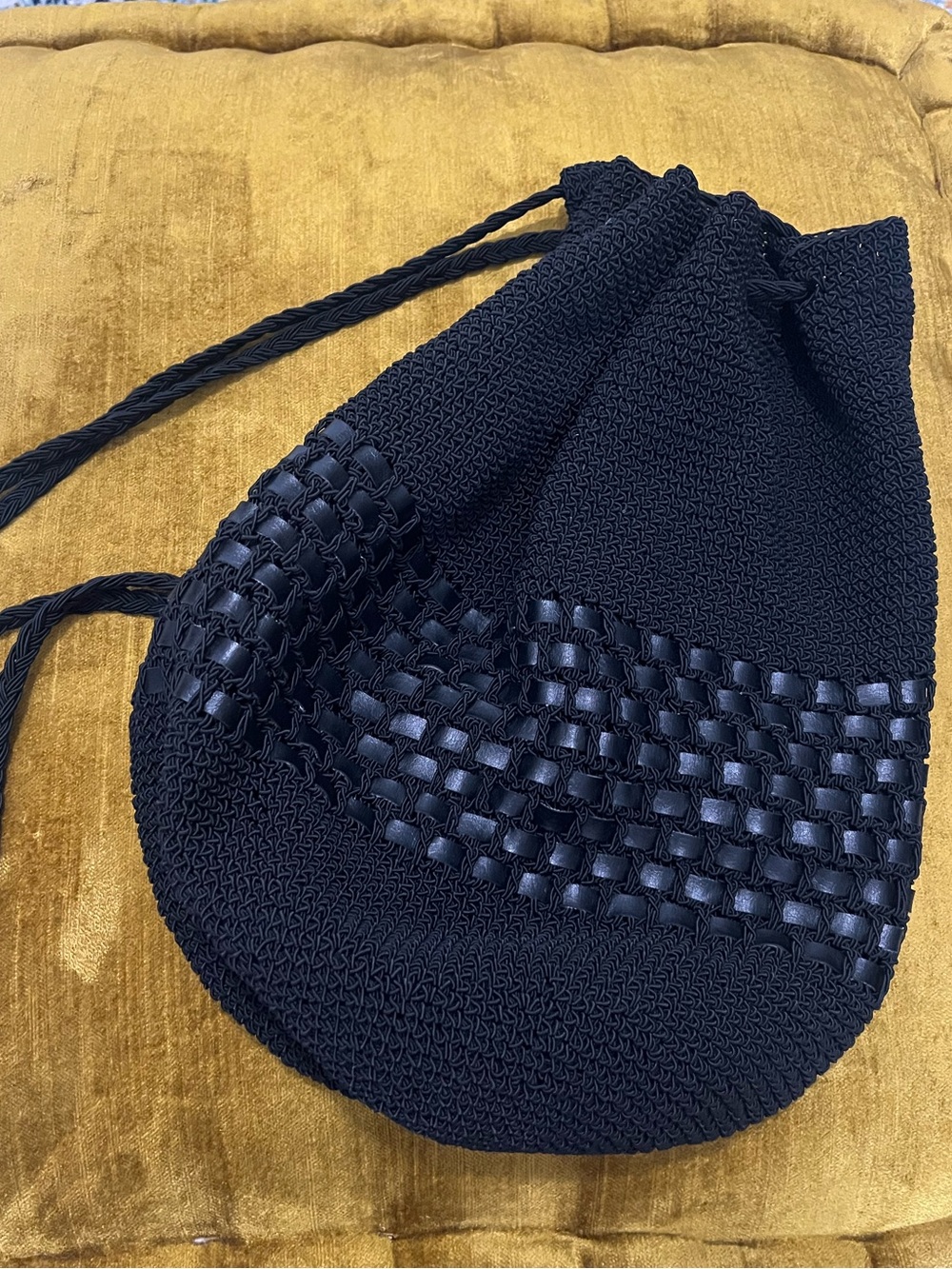 Black Woven Drawstring Bucket Bag